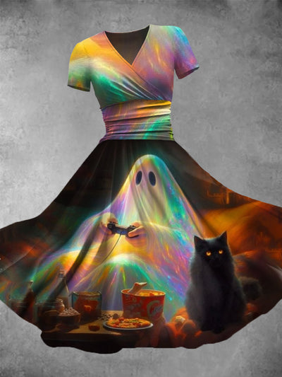 Halloween Ghost Art Print Vintage V-Neck Short Sleeve Midi Dress