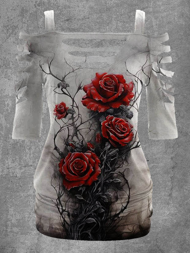 Halloween Rose Art Print Short Sleeve Retro Top