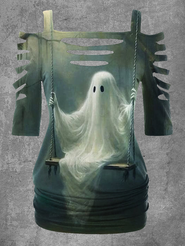 Halloween Ghost Art Print Short Sleeve Retro Top