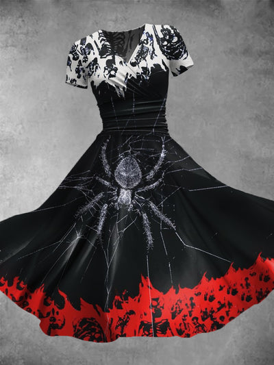 Halloween Spider Art Print Vintage V-Neck Short Sleeve Midi Dress