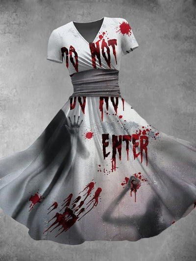 Halloween Blood Art Print Vintage V-Neck Short Sleeve Midi Dress