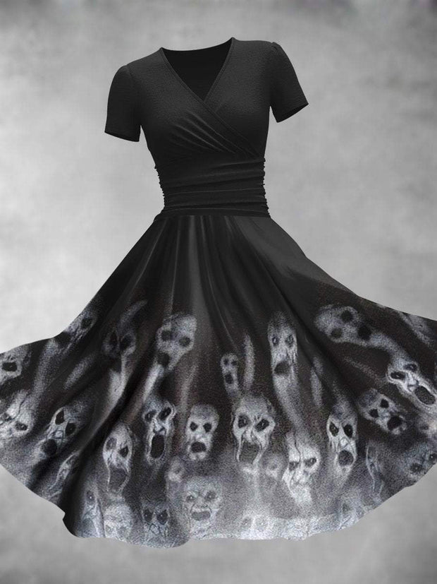 Halloween Ghost Print V-Neck Vintage Short Sleeve Midi Dress