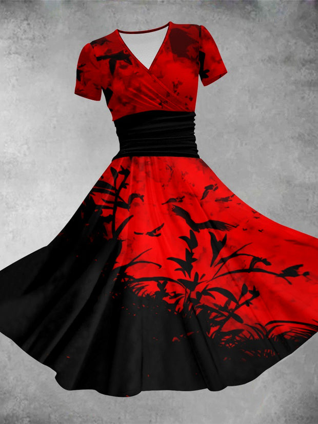 Halloween Dark Art Print V-Neck Vintage Short Sleeve Midi Dress