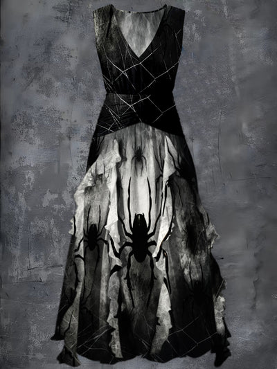 Halloween Spider Art Print Vintage V-Neck Chic Sleeveless Maxi Dress