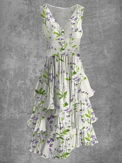 Vintage Floral Print Sleeveless V-Neck Button Up Flowy Midi Dress