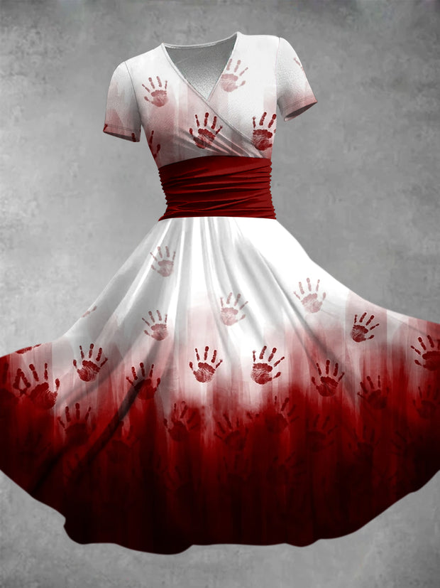 Halloween Blood Art Print V-Neck Vintage Short Sleeve Midi Dress