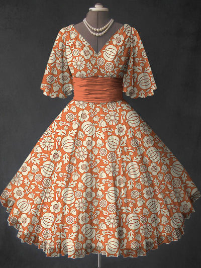 Halloween Pumpkin Art Print V-Neck Vintage Short Sleeve Midi Dress