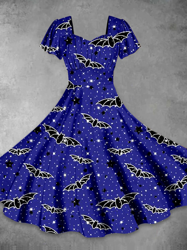 Halloween Bat Art Print Vintage Short Sleeve Midi Dress