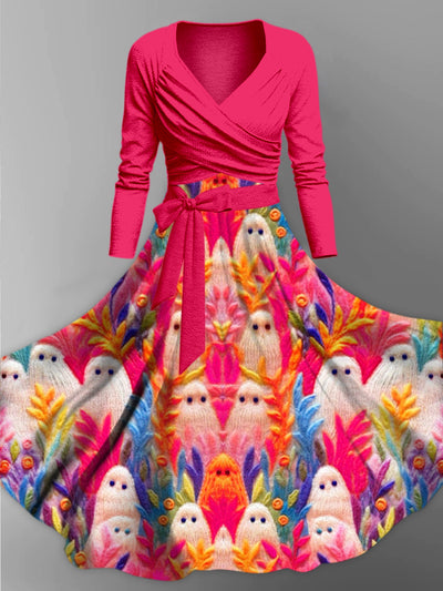 Colorful Ghost Print Vintage V-Neck Long Sleeve Two-Piece Midi Dress