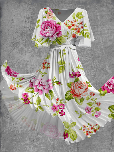 Vintage Floral Print Short Sleeve V-Neck Elegant Chic Flowy Midi Dress