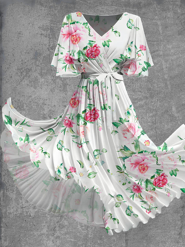 Vintage Floral Print Short Sleeve V-Neck Elegant Chic Flowy Midi Dress