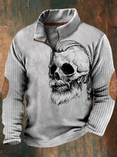 Halloween Skull Print Vintage Classic Stand Collar Zipper Waffle Sweatshirt