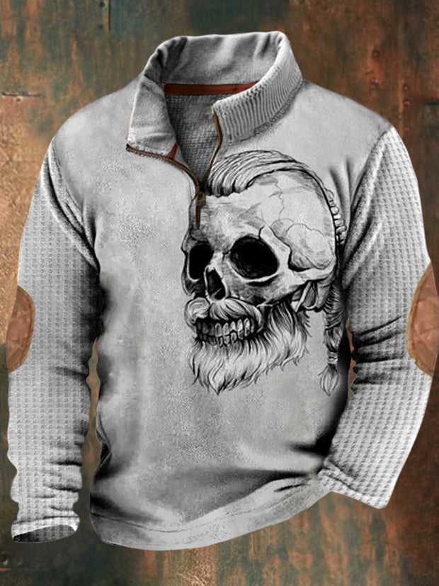 Halloween Skull Print Vintage Classic Stand Collar Zipper Waffle Sweatshirt