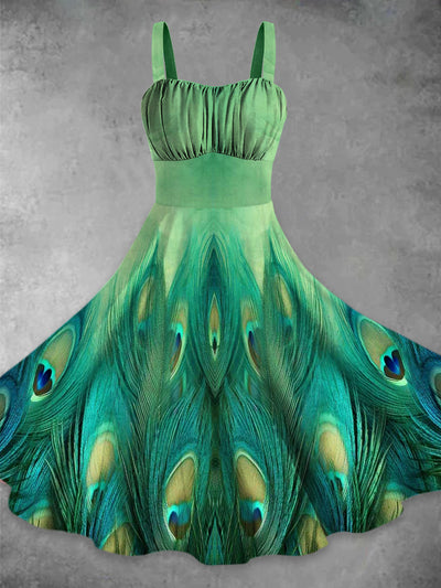 Peacock Feather Print Vintage Fashion Sleeveless Tank Midi Dress