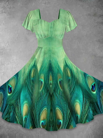 Peacock Feather Art Print Vintage Fashion Short Sleeve Midi Dress