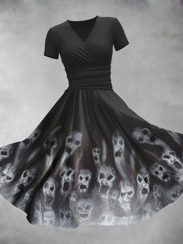 Halloween Ghost Art Print V-Neck Vintage Fashion Short Sleeve Midi Dress