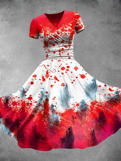 Halloween Blood Art Print V-Neck Vintage Fashion Short Sleeve Midi Dress