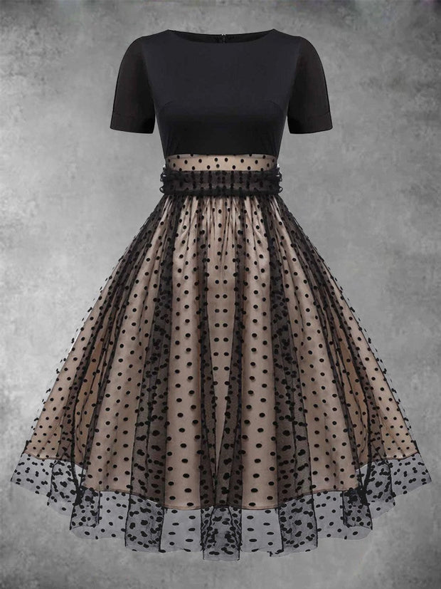 Elegant Polka-Dot Mesh Stitching Vintage Chic Round Collar Short Sleeve Midi Dress