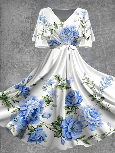 Vintage Floral Print V-Neck Short Sleeve Elegant Chic Flowy Midi Dress