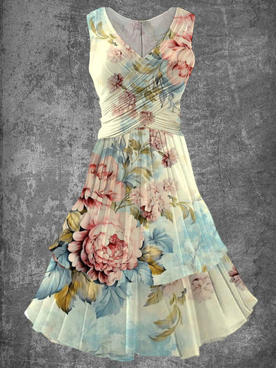 Vintage Floral Print 50s Elegant Chic Sleeveless Midi Dress