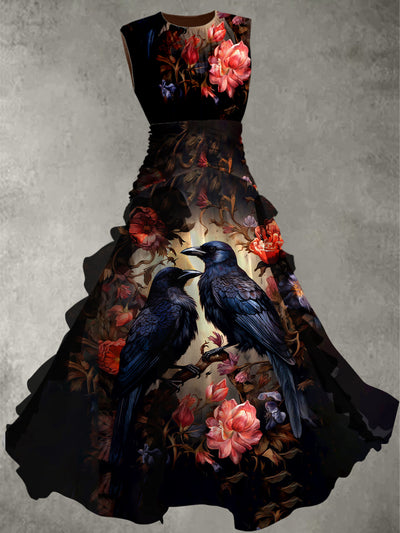 Halloween Crow Art Print Vintage Elegant Chic Sleeveless Maxi Dress