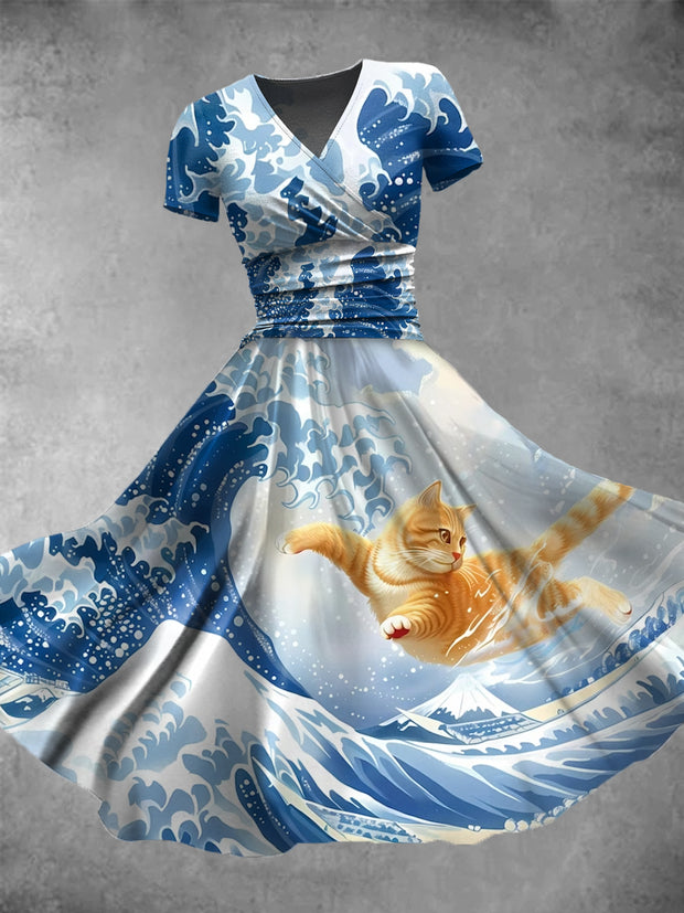 Cat On The Blue Wave Print V-Neck Short Sleeve Vintage Midi Dress