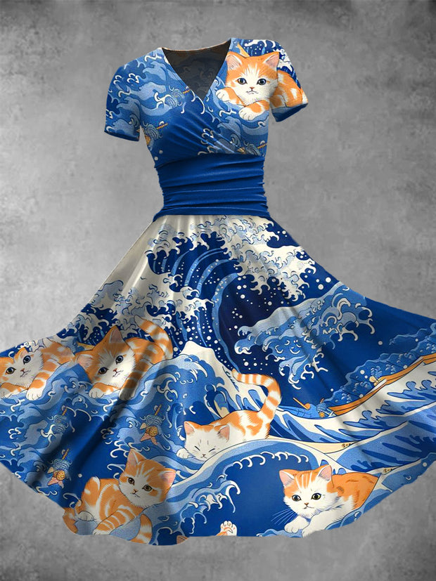 Cat On The Blue Wave Print V-Neck Short Sleeve Vintage Midi Dress