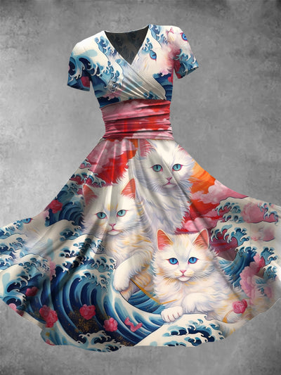 Cat On The Blue Wave Print V-Neck Short Sleeve Vintage Midi Dress