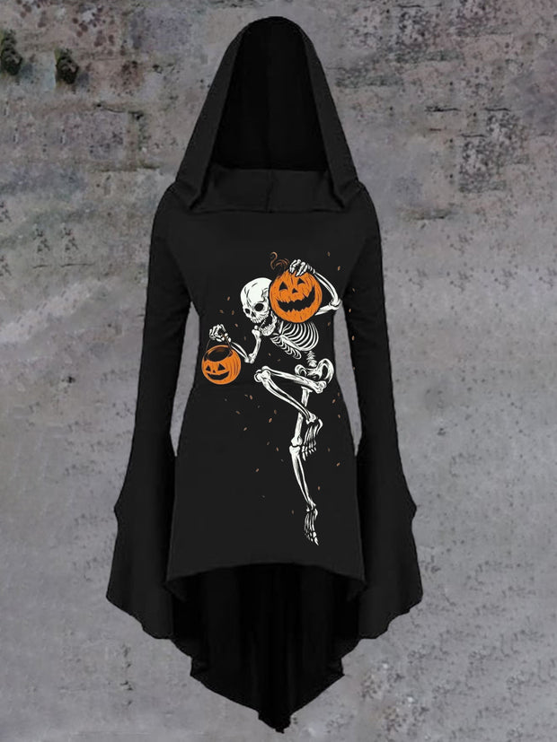 Halloween Skull Art Print Vintage Trumpet Sleeve Hooded Dress