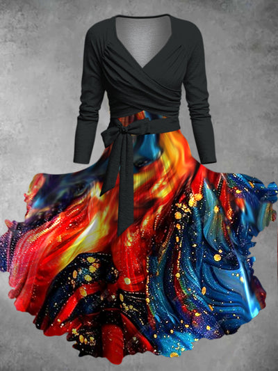 Abstract Color Art Print Vintage V-Neck Long Sleeve Two-Piece Midi Dress