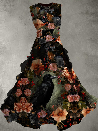 Floral Crow Art Print Vintage Elegant Chic Sleeveless Maxi Dress