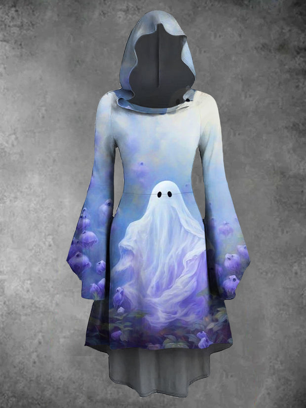 Halloween Ghost Art Print Vintage Trumpet Sleeve Hooded Dress