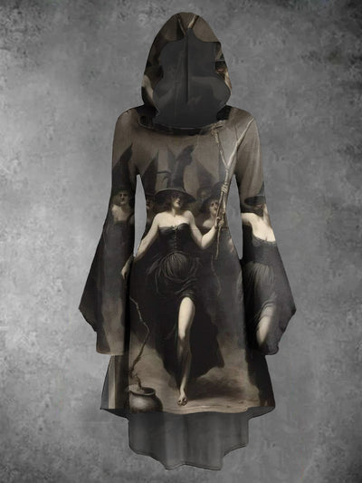 Halloween Witch Art Print Vintage Trumpet Sleeve Hooded Dress