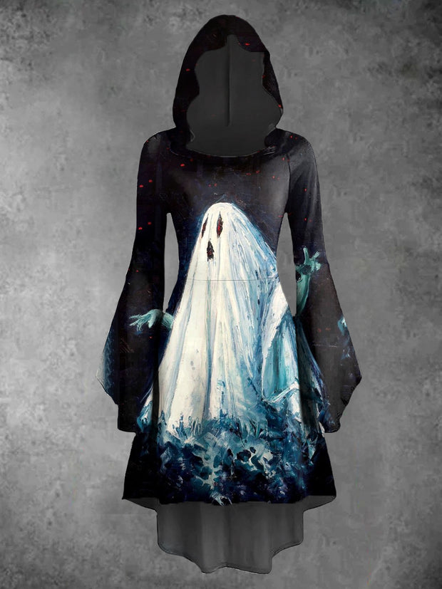 Halloween Ghost Print Vintage Trumpet Sleeve Hooded Dress