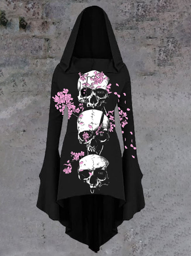 Halloween Skull Art Print Vintage Trumpet Sleeve Hooded Dress