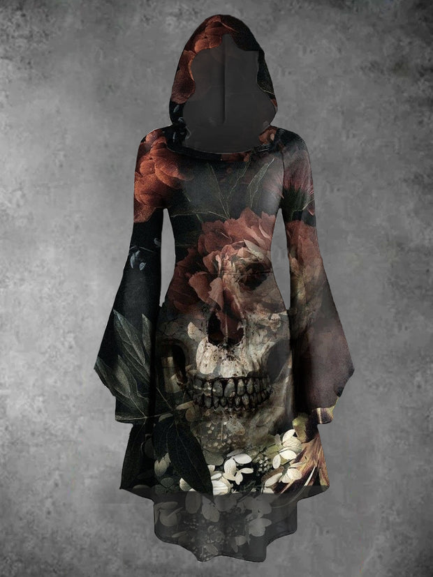 Halloween Skull Art Print Vintage Trumpet Sleeve Hooded Dress