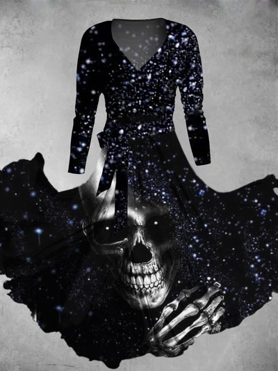 Halloween Skull Art Print Vintage V-Neck Short-Sleeve Two-Piece Midi Dress