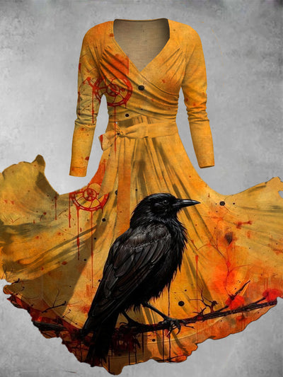 Halloween Crow Art Print Vintage V-Neck Short-Sleeve Two-Piece Midi Dress