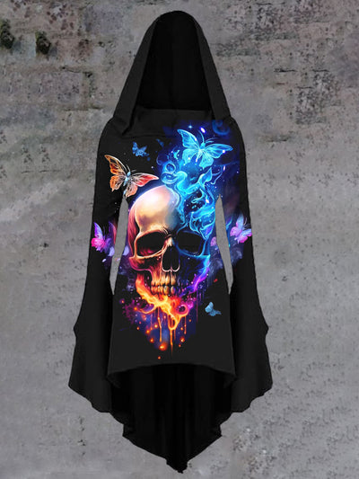 Halloween Skull Art Print Vintage Trumpet Sleeve Hooded Dress