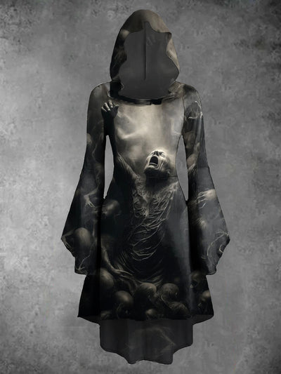 Halloween Skull Art Print Vintage Trumpet Sleeve Hooded Dress