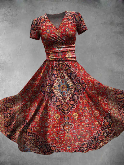 Vintage Art Print V-Neck Short Sleeve Midi Dress