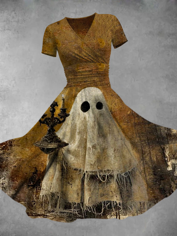 Halloween Ghost Art Print V-Neck Vintage Short Sleeve Midi Dress