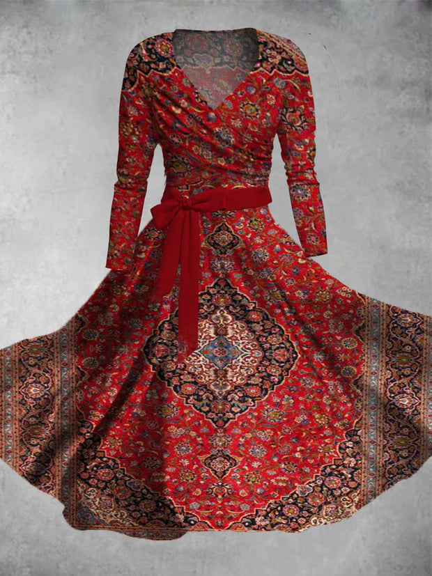 Ethnic Art Print Vintage V-Neck Long Sleeve Two Piece Midi Dress