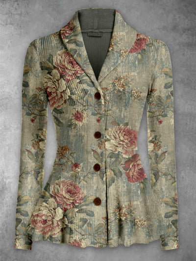 Floral Print Vintage Elegant Lapel V-Neck Button Up Long Sleeve Top