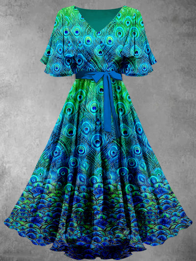 Peacock Feather Print V-Neck Vintage Chic Short Sleeve Midi Dress