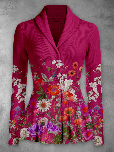 Floral Print Vintage Elegant Lapel V-Neck Button Up Long Sleeve Top