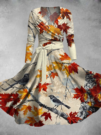 Vintage Maple Leaf Art Print V-Neck Long Sleeve Two-Piece Midi Dress