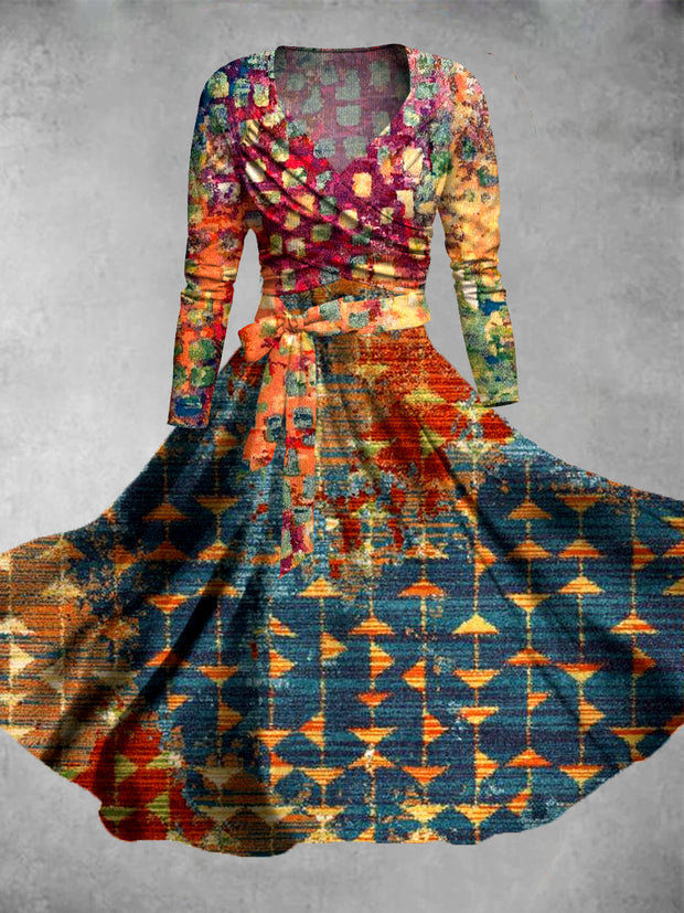 Vintage Ethnic Art Print V-Neck Long Sleeve Two-Piece Midi Dress