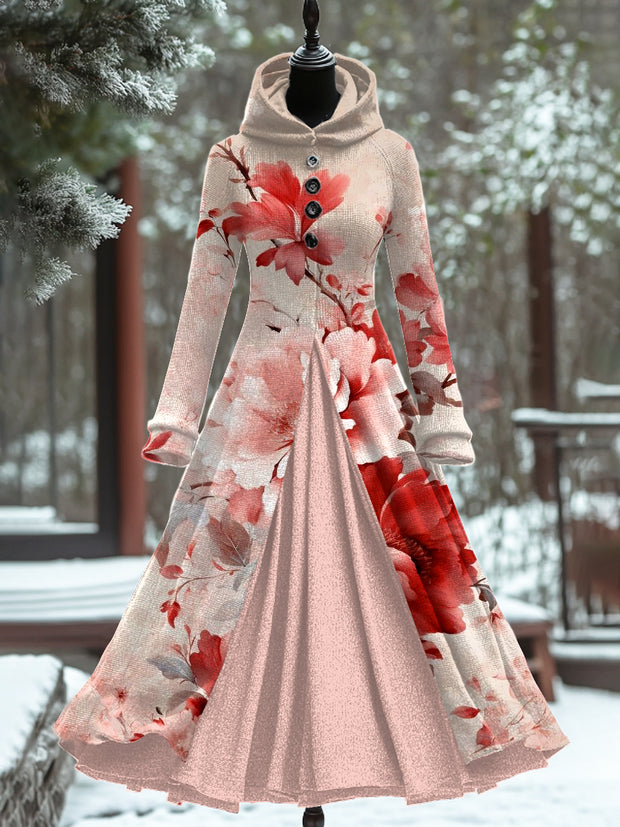 Floral Art Print Vintage Elegant Long Sleeve Maxi Dress