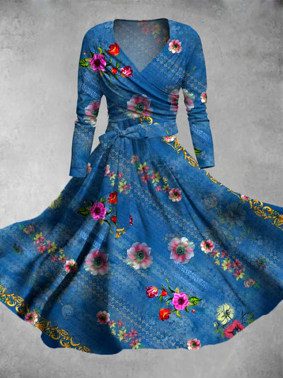 Vintage Ethnic Art Print V-Neck Long Sleeve Two-Piece Midi Dress